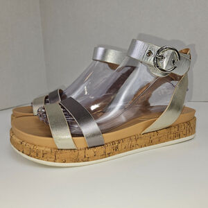 Marc Fisher Verily 8 WIDE Silver Multi Leather Cork Low Platform Sandal Metallic